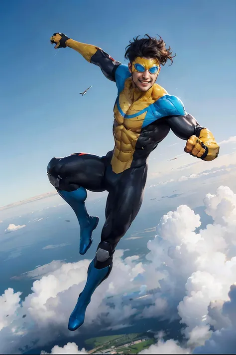 Invincible2023, man, goggles, mask, bodysuit, short hair, looking at viewer, smiling, dynamic shot, flying, in air, blue sky, extreme detail, masterpiece,  <lora:Invincible2023:.8>