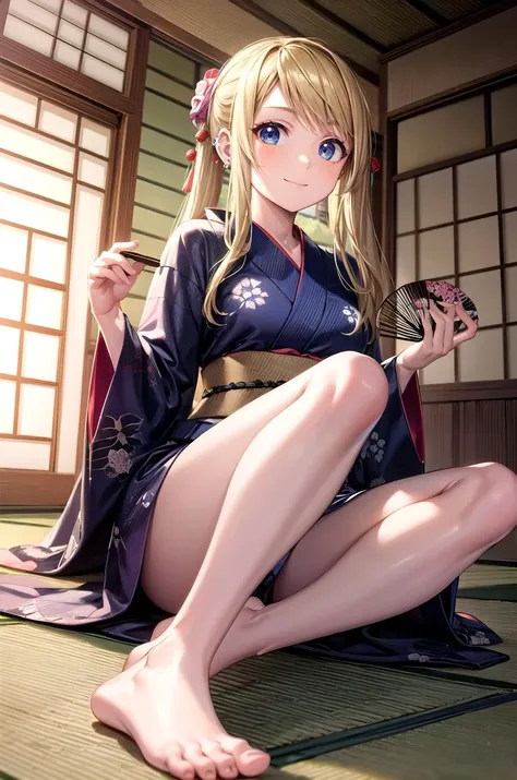 (masterpiece, best quality, detailed), 1girl, solo, looking at viewer, winry rockbell, earrings,
yukata, kimono, obi, print kimono, japanese clothes, indoors, tatami, sliding doors, cushion, electric fan, kotatsu, fisheye, indian style, hands on feet, smil...