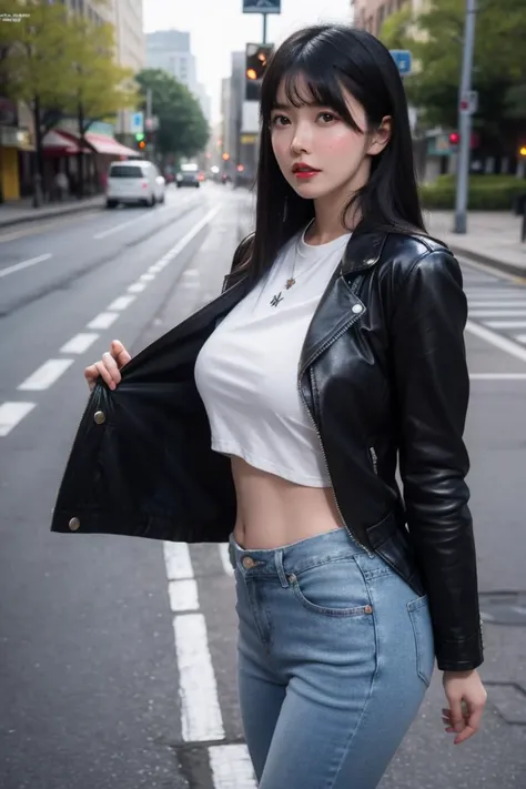 a woman in a white shirt and jeans standing on a street