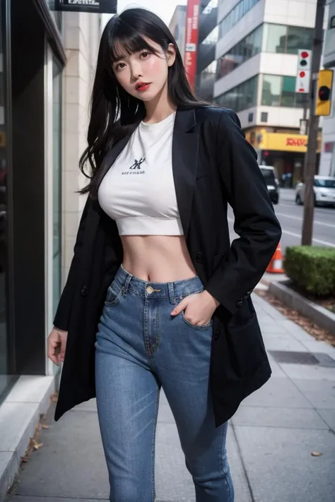 a woman in a white shirt and black jacket is standing on the sidewalk