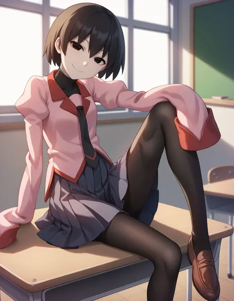 score_9, score_8_up, score_7_up, score_6_up, score_5_up, score_4_up, source_anime, BREAK
OshinoOugi, 1girl, solo, looking at viewer, smile, bangs, skirt, shirt, sitting, closed mouth, school uniform, pantyhose, pleated skirt, necktie, shoes, puffy sleeves,...