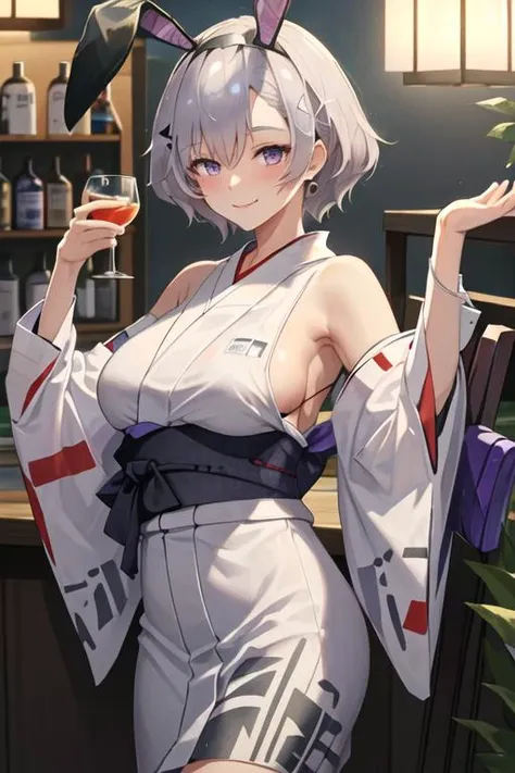 best quality, masterpiece, highres, solo, {yukata:1.40}, {kimono:1.20}, {reno_azurlane:1.15}, purple_eyes, breasts, grey_hair, large_breasts, bangs, blush, short_hair, hairband, smile, hair_between_eyes, black_hairband, sleeveless, see-through, parted_hair...