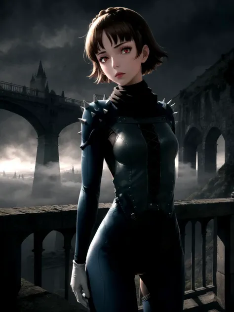 masterpiece, best quality, 1girl, solo, dsqueen, brown hair, short hair, crown braid, red eyes, bodysuit, shoulder spikes, scarf, white gloves, head tilt,arms behind back, Castle Bridge, Morning, Foggy, Gloomy, Gothic
 <lyco:dsmakoto-v2_lc:1>