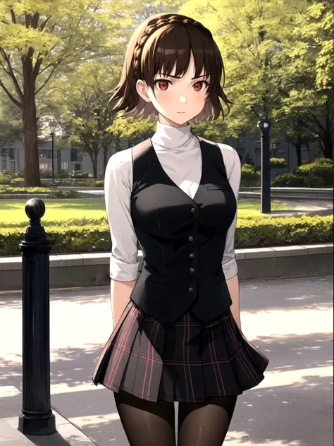 masterpiece, best quality, 1girl, solo, dsmakoto, brown hair, short hair, crown braid, red eyes, school uniform, turtleneck, black vest, plaid skirt, pantyhose, standing, park, detailed background, cowboy shot
 <lyco:dsmakoto-v2_lc:1>