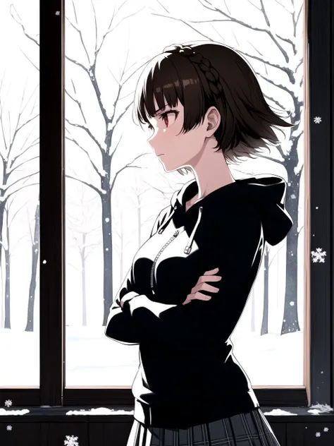 masterpiece, best quality, 1girl, solo, dsmakoto, brown hair, short hair, crown braid, red eyes, hoodie, see-through,  pleated skirt,, crossed arms, Winter Wonderland, Snow-covered trees, icicles, morning, glistening, serene, enchanted, eye focus,profile
 ...