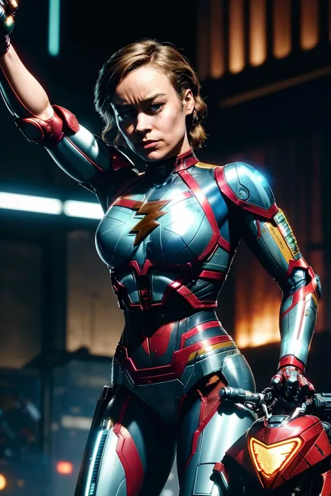 realistic, cinematic photo, ((Brie Larson)) as cyberpunk JaspionQuiron character,  with rusty and damage  cybernetic arm,   (cyberpunk style),  dynamic posture ,    neon light, trending art, trending on artstation,  Dappled Light, analog style, cinematic l...