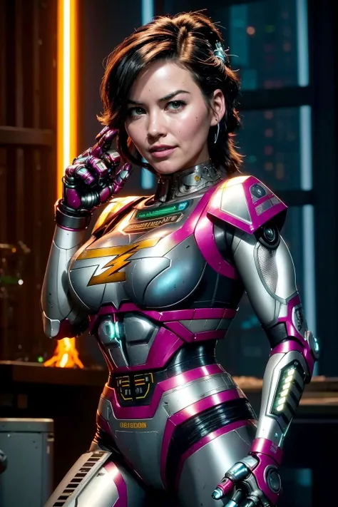 realistic, cinematic photo, ((Olivia Munn)) as cyberpunk JaspionQuiron character,  with rusty and damage  cybernetic arm,   (cyberpunk style),  dynamic posture ,    neon light, trending art, trending on artstation,  Dappled Light, analog style, cinematic l...