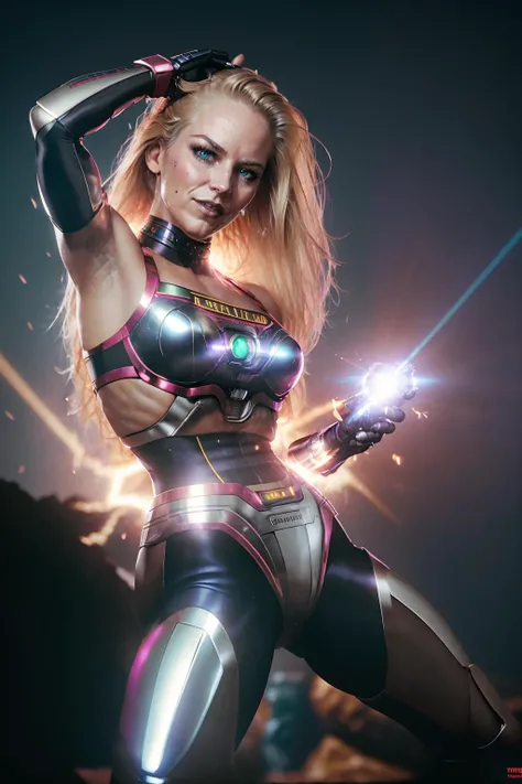 (realistic), cinematic photo, blonde hair, blue eyes, CassandraWildeQuiron woman , Cassandra Wilde as cyberpunk JaspionQuiron character,  (cybernetic arm),  cyberpunk style, dynamic posture ,    insane level of details,  neon light,  trending on artstation...