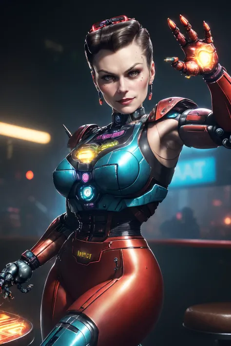 realistic, cinematic photo, ((Anna Paquin) as cyberpunk JaspionQuiron character,  (rusty, damage  cybernetic arm),  cyberpunk style,  dynamic posture ,    insane level of details,  neon light,  trending on artstation, cinematic light, side lighting, best s...