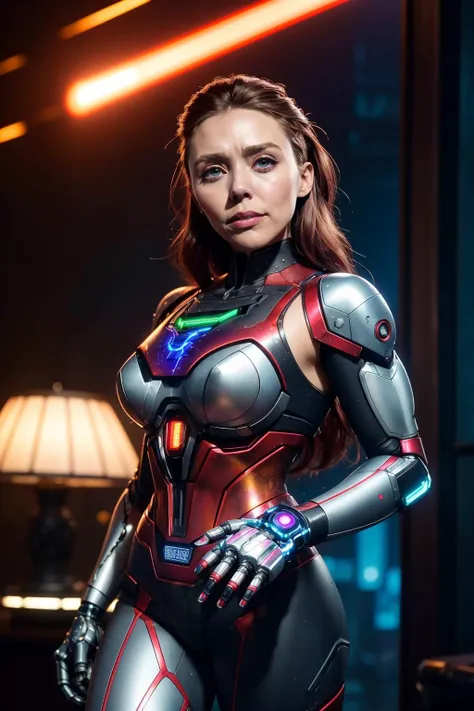 realistic, cinematic photo, ((elizabeth olsen)) as cyberpunk JaspionQuiron character,  (rusty, damage  cybernetic arm),   (cyberpunk style),  dynamic posture ,   neon light, trending art, trending on artstation,  Dappled Light, analog style, cinematic ligh...