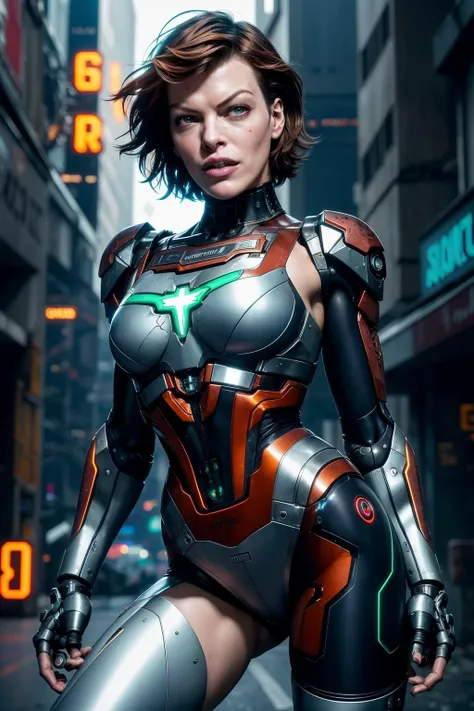 realistic, cinematic photo, ((milla jovovich)) as cyberpunk JaspionQuiron character,  (rusty, damage  cybernetic arm),   (cyberpunk style),  dynamic posture ,   neon light, trending art, trending on artstation,  Dappled Light, analog style, cinematic light...