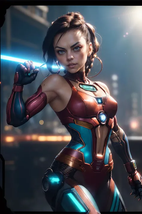 realistic, cinematic photo, ((Mila Kunis) as cyberpunk JaspionQuiron character,  (rusty, damage  cybernetic arm),  cyberpunk style,  dynamic posture ,    insane level of details,  neon light,  trending on artstation, cinematic light, side lighting, best sh...