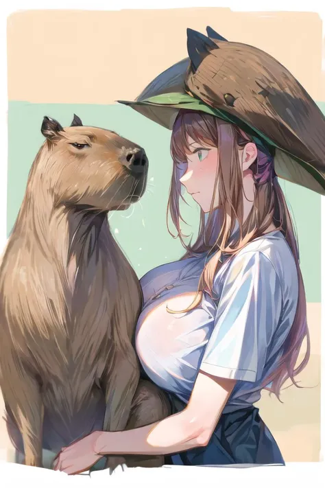 a close up of a woman holding a bear in a hat