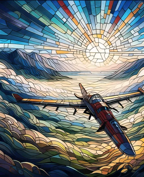 masterpiece, best quality, (The plane is flying in the sky:1.2),stained glass painting, blh,8K,HD, <lora:Glass paintingV1-000016:0.9>