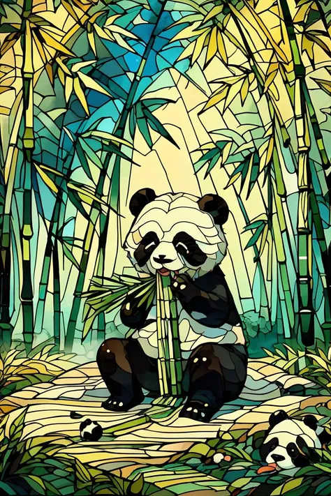 masterpiece, best quality, (The panda is eating bamboo:1.2),full body,stained glass painting, blh,HD,chibi,  <lora:Glass paintingV1-000016:0.8>