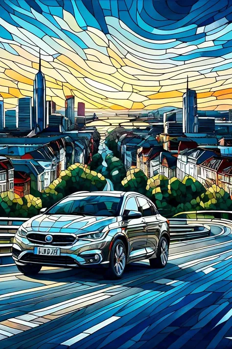 a painting of a car driving down a road with a city in the background