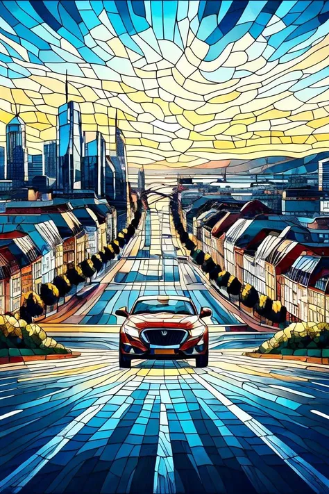 a painting of a car driving down a street with a city in the background