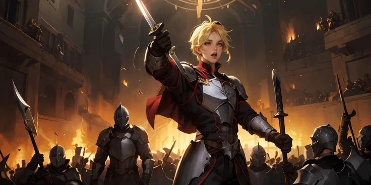 HEZI, LOL, (lol style), game cg, weapon, polearm, blonde hair, spear, sword, multiple boys, 1girl, standing, armor, helmet, solo, planted, artoria pendragon (fate), gloves, soldier, army, short hair, uniform, male focus<lora:LOLè¯ºåè¨æ¯(8bit)-000009:0....