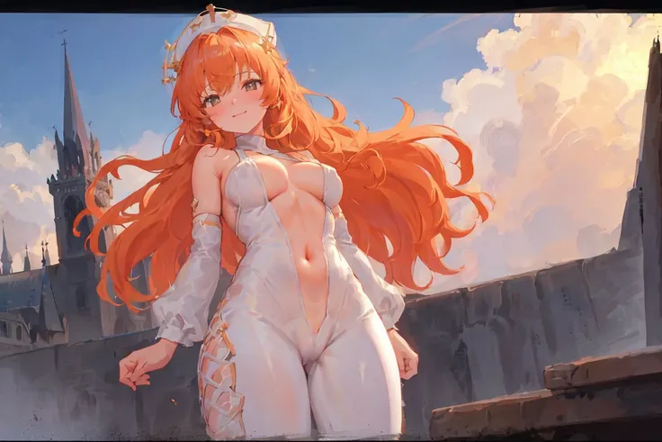 1girl, solo, 16 yo,  orange_color_hair, smile, blush:1.2, glossy skin, from below,

(a girl wearing a white union suit:1.3), <lora:unionSuits_v15:0.5>

Clavicle, large breast, nipple, navel, Pubic bone:1.2, pussy:1.2, cameltoe:1.3,

15th century European c...