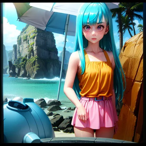 (dragon ball z, anime)    ( cloudy blue sky, beach , sand, palm trees )   (Bulma ,1girl ,  blue long hair, bangs , ( pink dress, belt on stomach )  , small diamond earrings )   <lora:add_detail:0.6> (water, aqua, sweaty,)  (sun cream) ( umbrella shade) (  ...