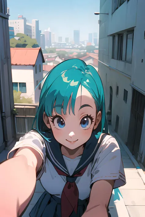 masterpiece,best quality,1girl, (solo), pov, <lora:bulma_v1_1:0.7> bulma, smile, school uniform, in city,