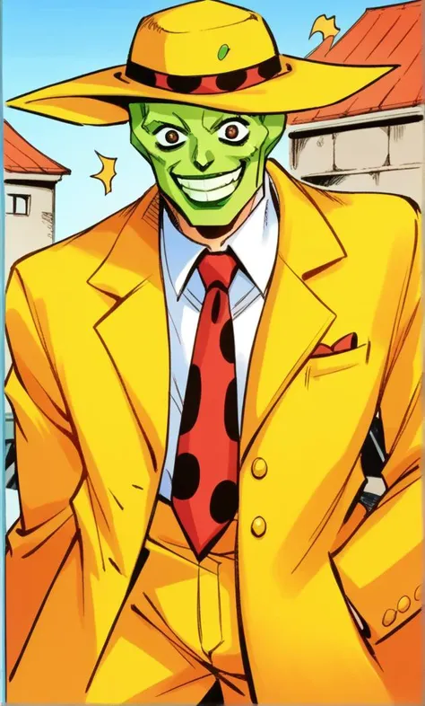 a close up of a cartoon of a man in a yellow suit and a red tie