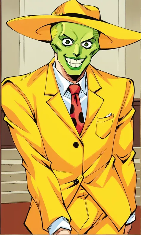 a close up of a cartoon of a man in a yellow suit and a hat