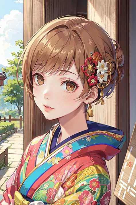 <lora:edgJapan:0.8> with a edgJapan haircut, hair ornament, flower, japanese clothes, hair flower, kimono, hair bun,  <lora:zs_Chie:1> brown eyes, short brown hair, chiep4,, ultra detailed, masterpiece, best quality, aesthetic, detailed,