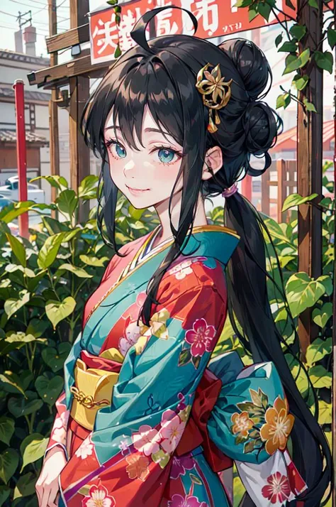 <lora:edgJapan:0.8> with a edgJapan haircut, hair ornament, flower, japanese clothes, hair flower, kimono, hair bun, teal clothes,, ultra detailed, masterpiece, best quality, aesthetic, detailed,, solo, smile, 1girl, aqua eyes, black hair, <lora:low_ponyta...