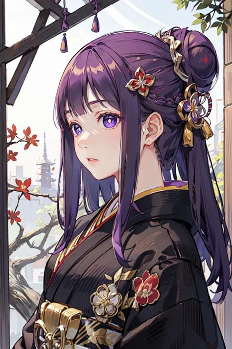 <lora:edgJapan:0.8> with a edgJapan haircut, hair ornament, flower, japanese clothes, hair flower, kimono, hair bun,   <lora:Fern:0.8> FernFrieren, very long hair, purple eyes, (purple pupils), white dress, black robe,, ultra detailed, masterpiece, best qu...