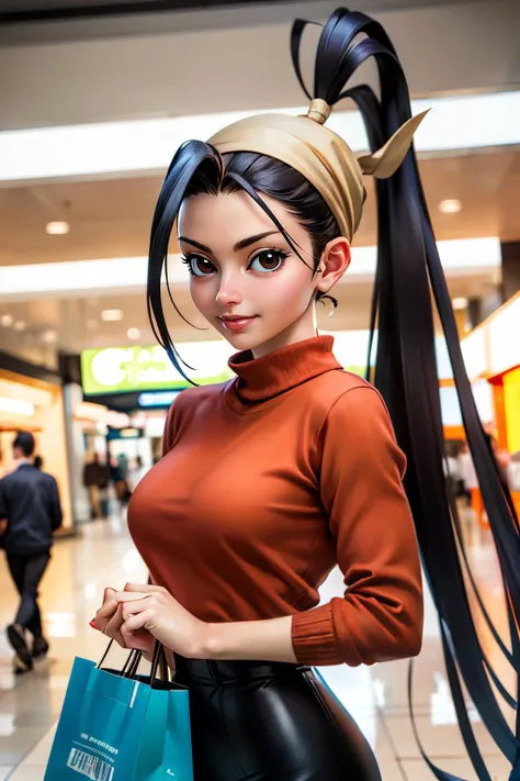 ibuki, long black hair, brown eyes, high ponytail, ahoge,bandana, red sweater,  black leggings, looking at viewer, serious, smirk, standing, upper body shot, inside mall, holding shopping bags, crowd, bright lighting, high quality, masterpiece, <lora:Ibuki...