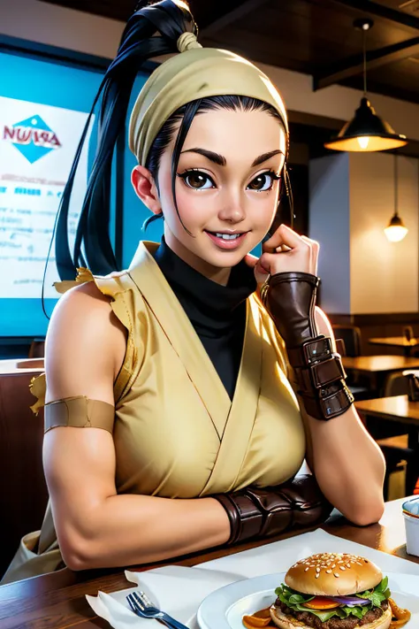 ibuki, long black hair, brown eyes, high ponytail, ahoge, ninja,brown attire, bandages, fingerless gloves, bandana, looking at viewer, smiling, happy, teeth, sitting, upper body shot, behind a table, inside restaurant, table full of food, hamburgers, neon ...