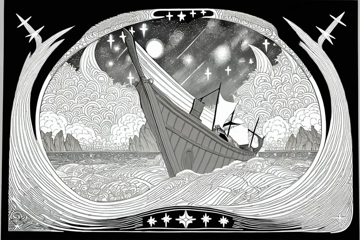 <lora:fidus_v2_7200:1>, (fidus style:1.3), (black and white lithography), a viking longship at sea, stars in the night sky above, ornamental frame, runic inscription,  fine art, masterpiece, awardwinning, trending on artstation, best quality