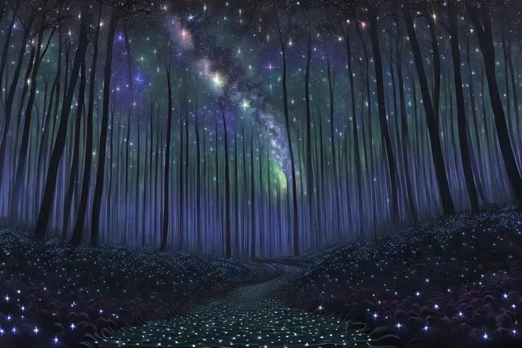 <lora:fidus_v2_7200:1>, (fidus style:1.3), painting, a nocturnal forest with stars and swirling galaxies in the night sky, fine art, masterpiece, awardwinning, trending on artstation, best quality