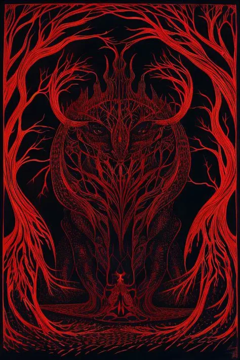 <lora:fidus_v1_2720:1>, (fidus style), ( lithography), shub-niggurath in a dark forest