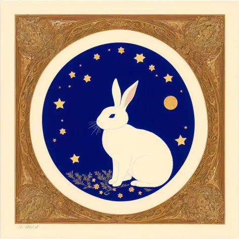 <lora:fidus_v1_2720:1>, (fidus style:1.3), (lithography:1.3), artwork of a white rabbit sitting in a field of stars, ornamental frame, runic inscriptions