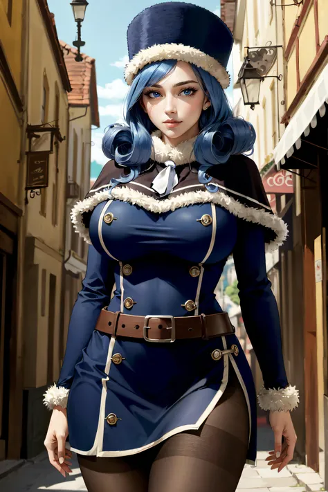 (masterpiece, best quality, ultra detailed, absurdres)1.5, 1girl, (sexy, beautiful woman, perfect face, perfect eyes, perfect female body, huge breasts)1.5, (juvia lockser, aajuvia, curly hair, hat, capelet, fur trim, blue dress, long sleeves, brown belt, ...