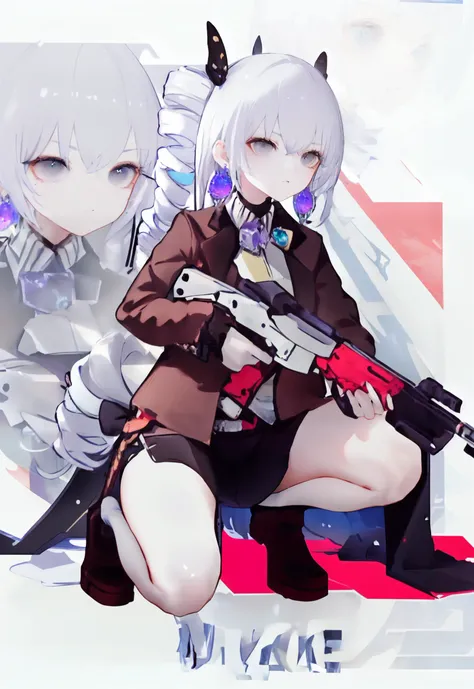 anime girl with gun and gun sitting on a red and white background