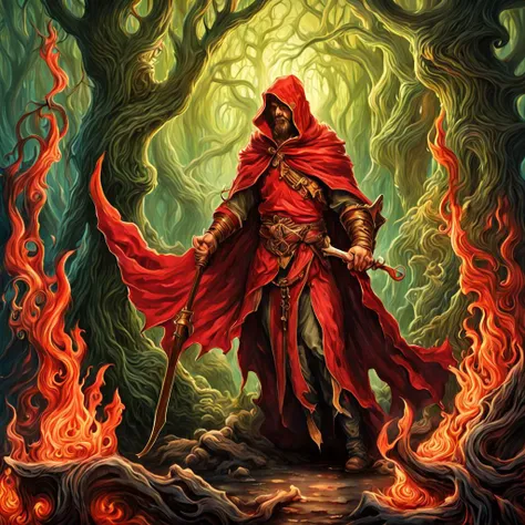 a painting of a man in a red cloak holding a sword