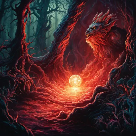 a painting of a dragon in a forest with a ball