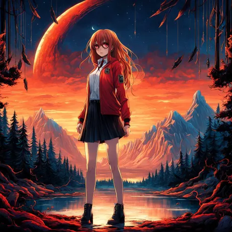 a girl standing in front of a mountain with a red moon