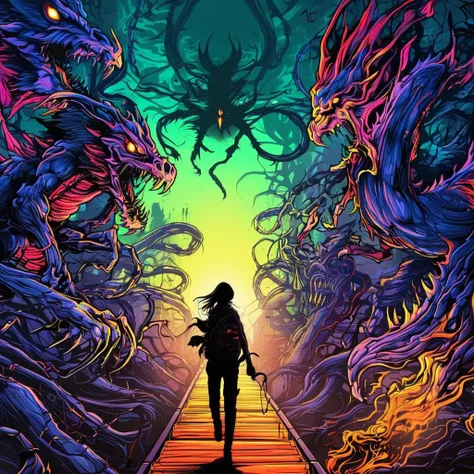 a woman stands on a bridge surrounded by monsters and a demon