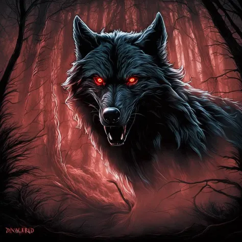 wolf in the dark forest with red eyes