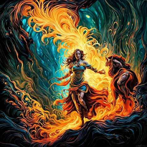 a painting of a woman in a dress and a man in a dress are surrounded by flames