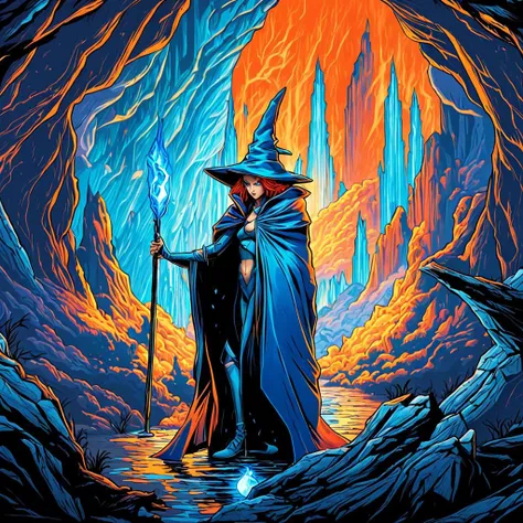 a painting of a wizard standing in a cave with a staff