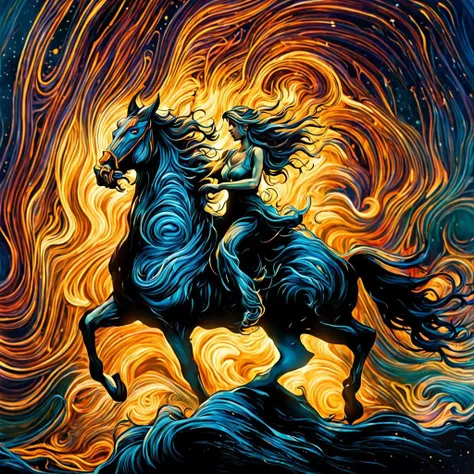 a painting of a woman riding a horse in a swirling sky