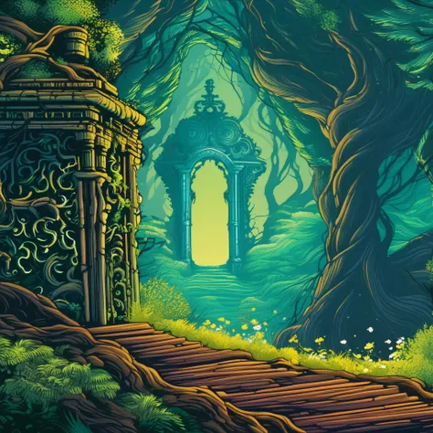 a painting of a gate in a forest with a pathway leading to it