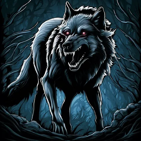 a close up of a wolf with red eyes walking through a forest