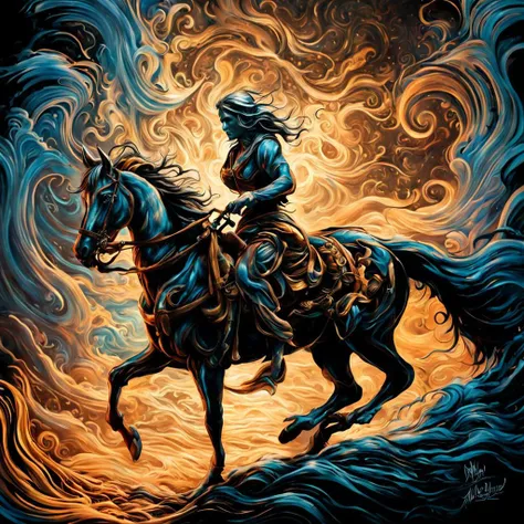 a painting of a woman riding a horse in a dark sky