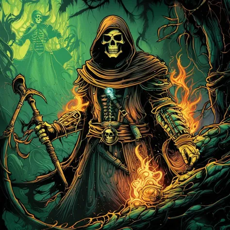 a picture of a skeleton in a hoodedie holding a scythe